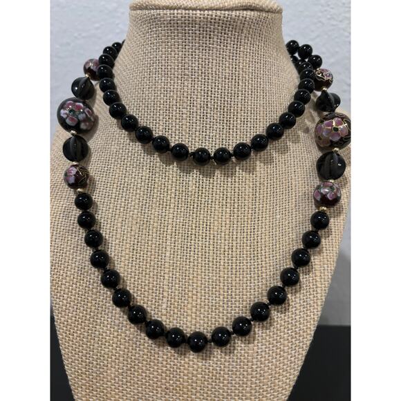 Vintage Black Stone Beads & Cloisonne Necklace - Picture 5 of 5